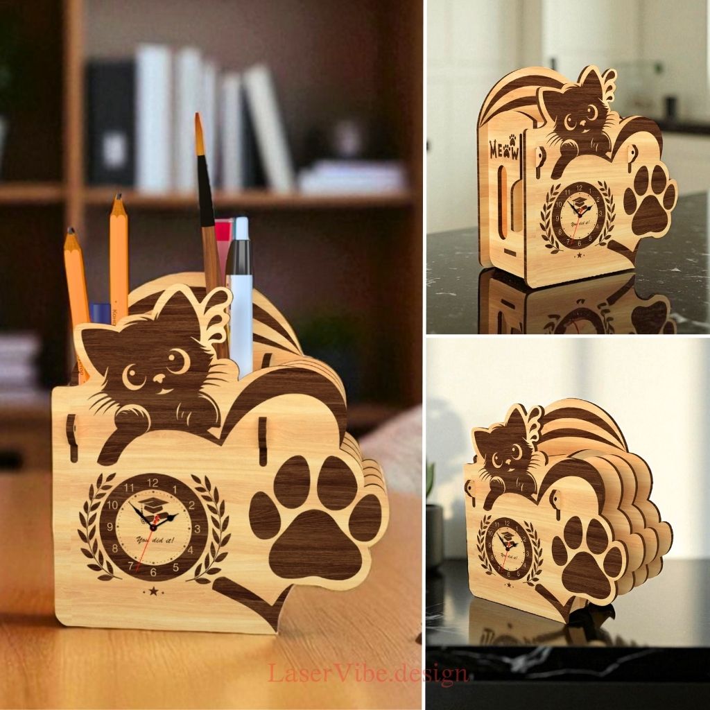 Ống cắm bút gỗ hình mèo tích hợp đồng hồ