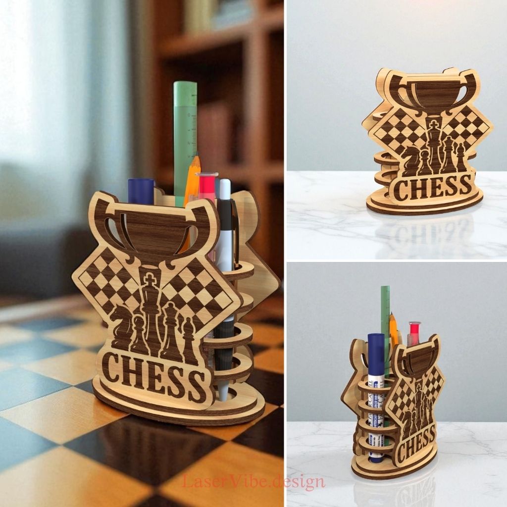 Ống cắm bút gỗ hình quân cờ vua