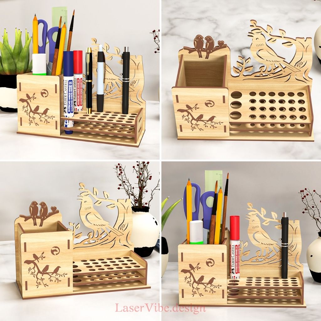 Kệ để bút họa tiết chim và cây