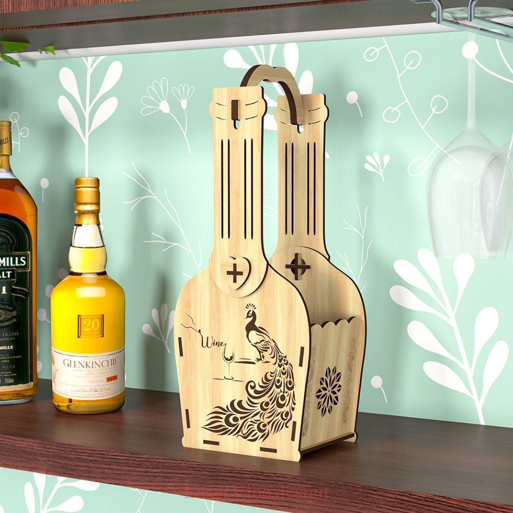 Kệ đựng chai rượu có tay xách họa tiết công