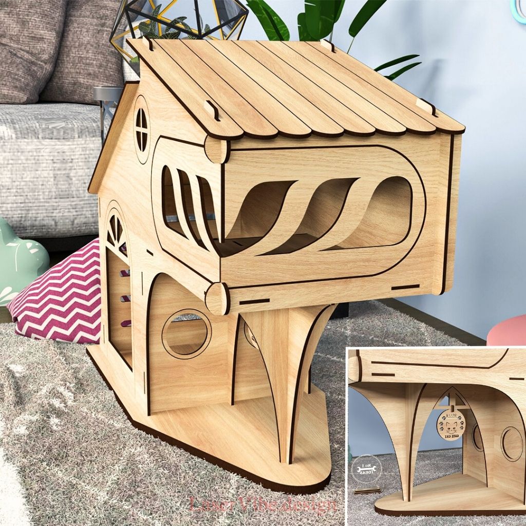 Nhà gỗ cho mèo 2 tầng kiểu biệt thự