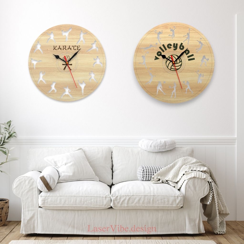 Đồng hồ treo tường gỗ hình Karate và bóng chuyền