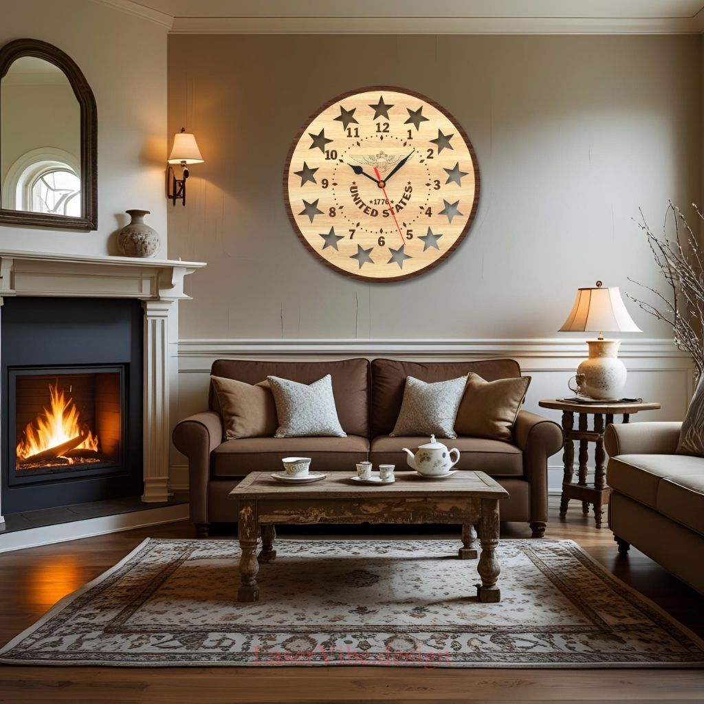 Đồng hồ treo tường gỗ họa tiết biểu tượng US