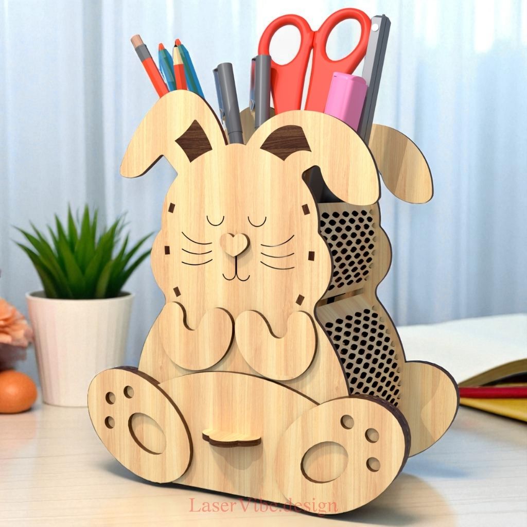 Ống cắm bút gỗ hình thỏ con đáng yêu