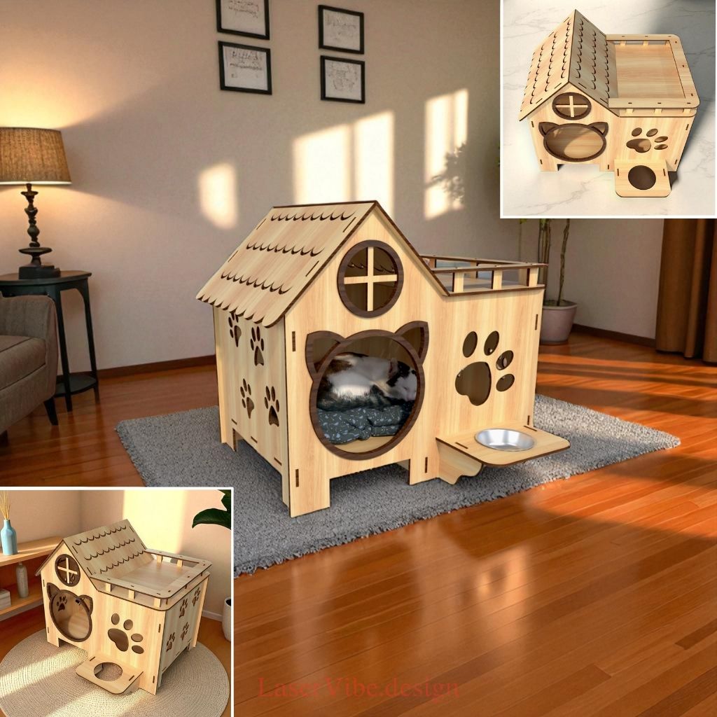 Nhà cho mèo tích hợp khay thức ăn