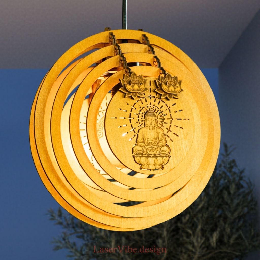 Đèn thả trần gỗ tròn khắc hình Phật