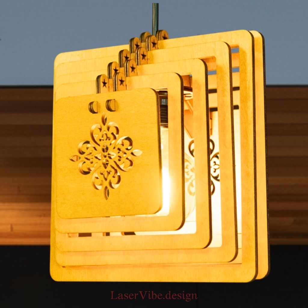 Đèn thả trần gỗ vuông họa tiết Mandala