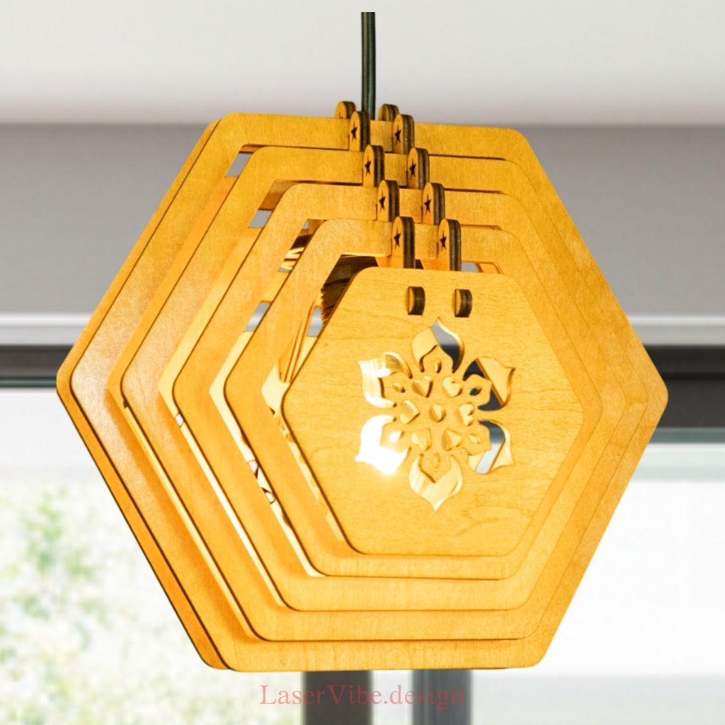 Đèn thả trần gỗ lục giác họa tiết hoa