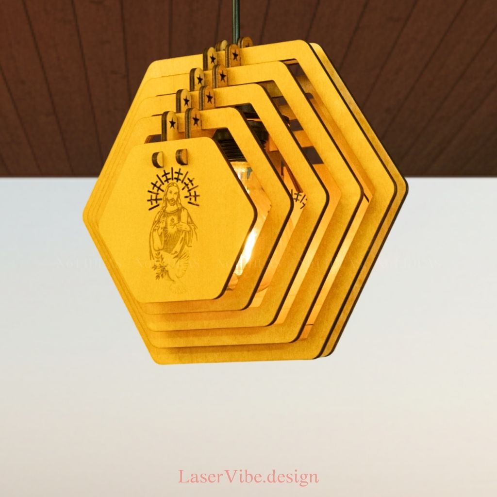 Đèn thả trần gỗ lục giác khắc hình Chúa Giêsu và hòa bình