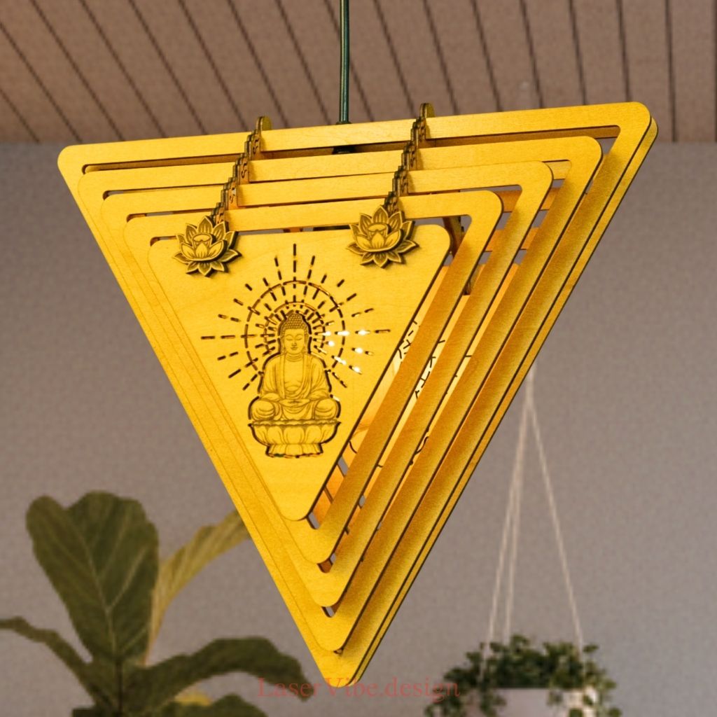 Đèn thả trần gỗ hình tam giác khắc hình Phật