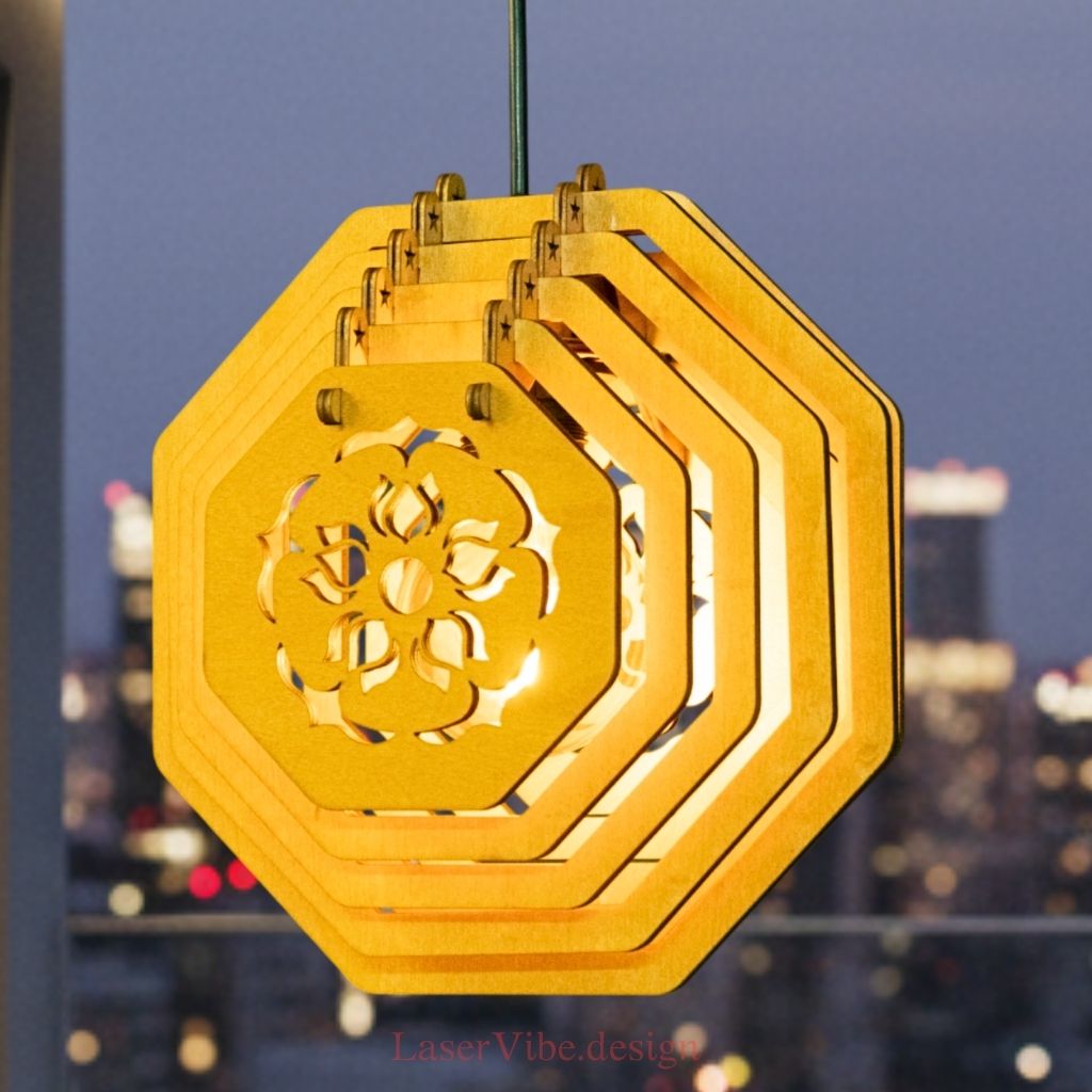 Đèn thả trần gỗ bát giác họa tiết hoa