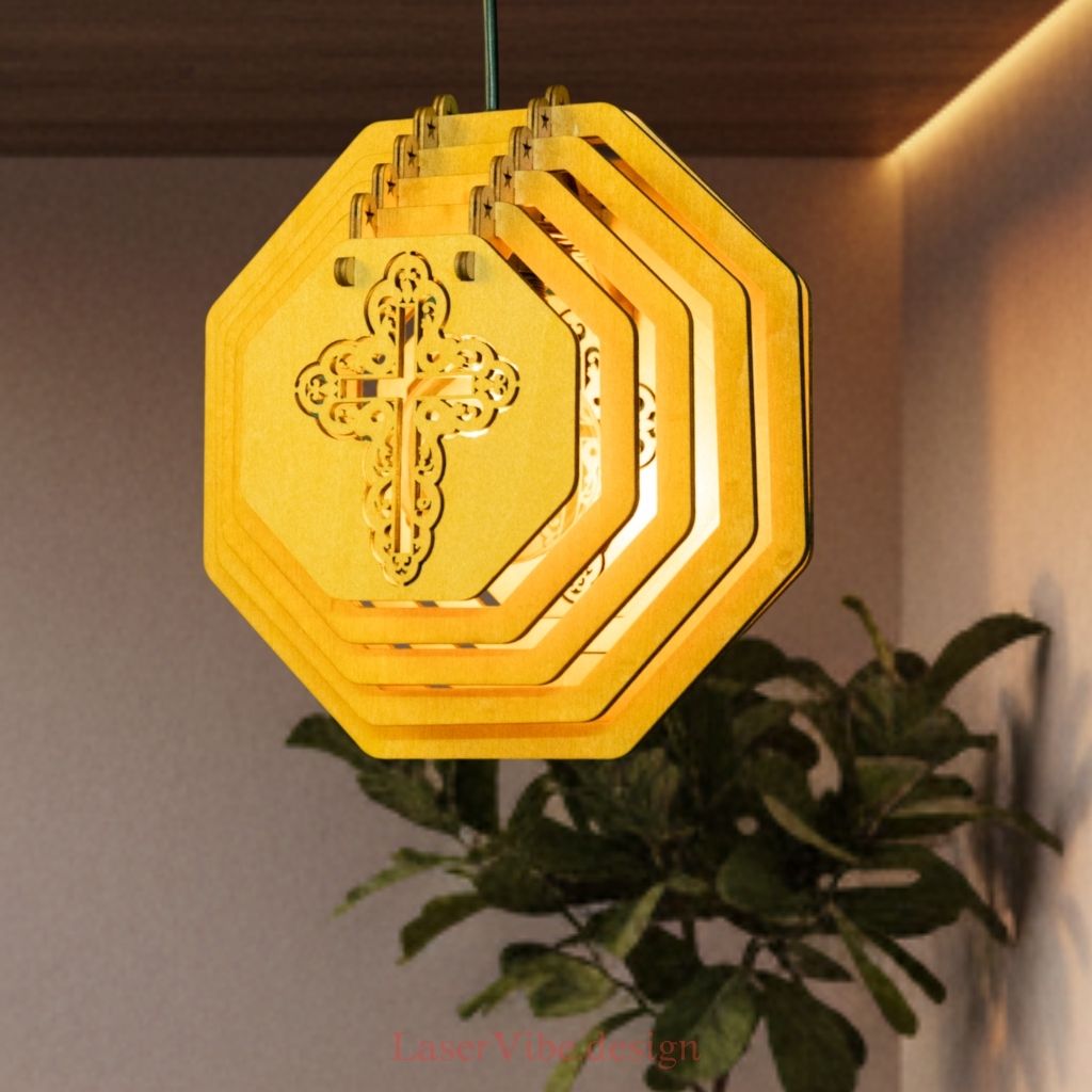Đèn thả trần gỗ bát giác họa tiết thánh giá