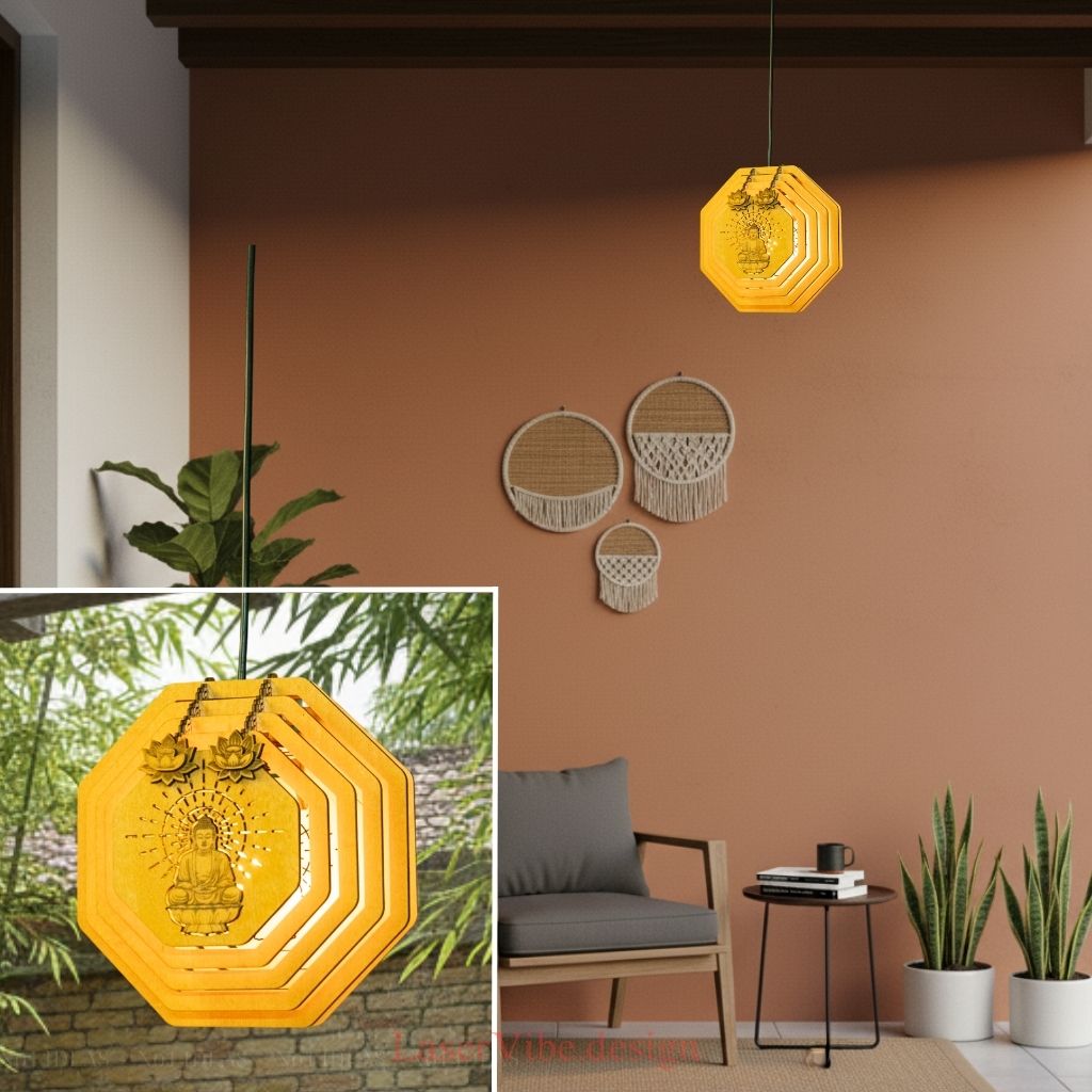 Đèn thả trần gỗ bát giác khắc hình Phật