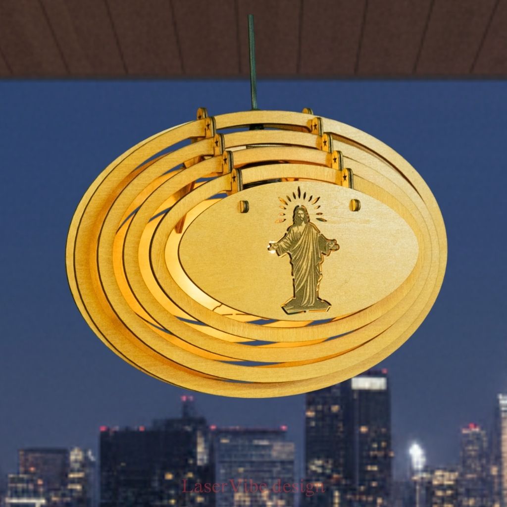 Đèn thả trần gỗ Oval khắc hình Chúa