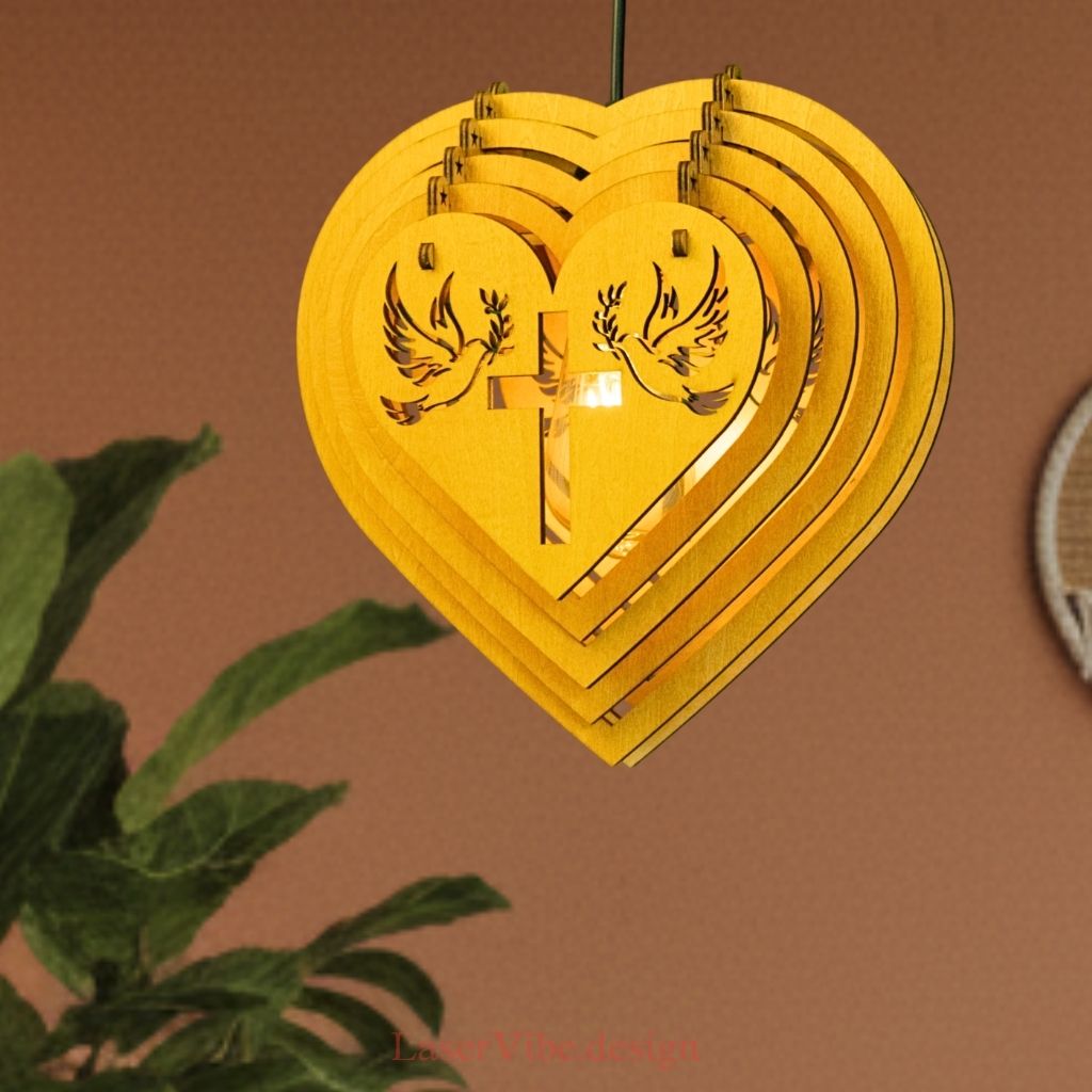Đèn thả trần gỗ hình trái tim khắc đôi chim bồ câu