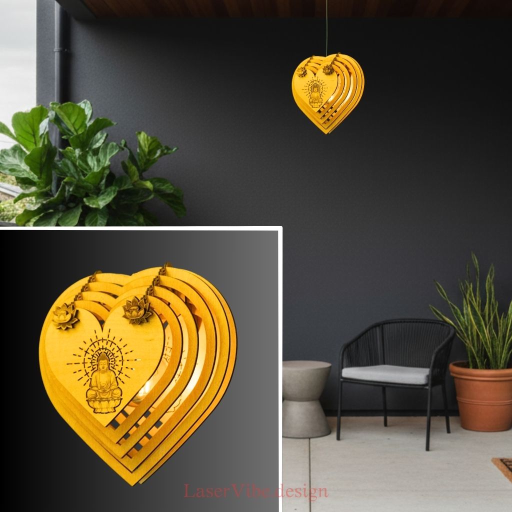 Đèn thả trần gỗ hình trái tim khắc hình Phật