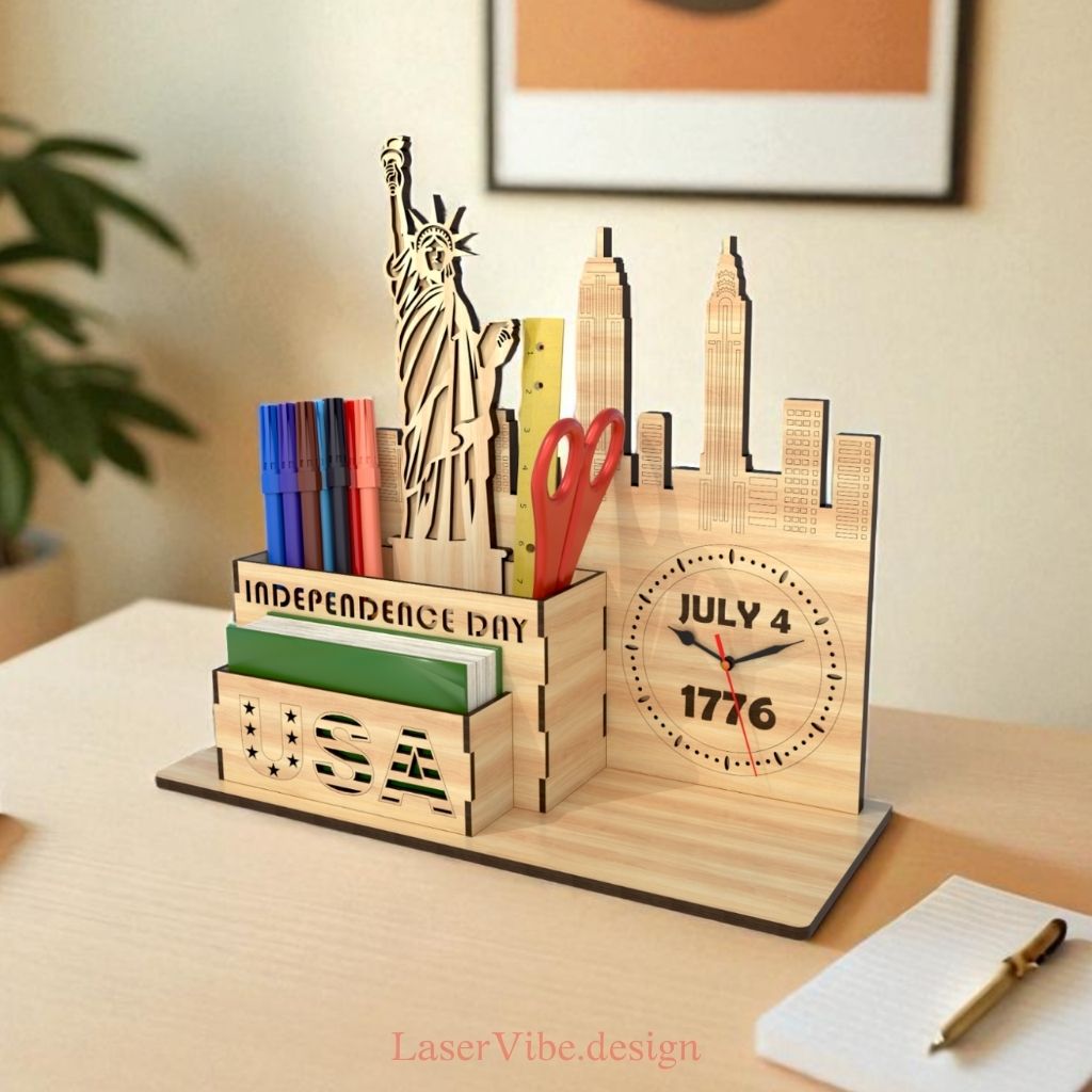 Kệ để bàn đa năng tích hợp đồng hồ và biểu tượng Mỹ