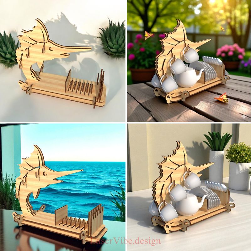 Kệ gỗ để bàn hình con cá, đựng bộ ấm trà và đĩa